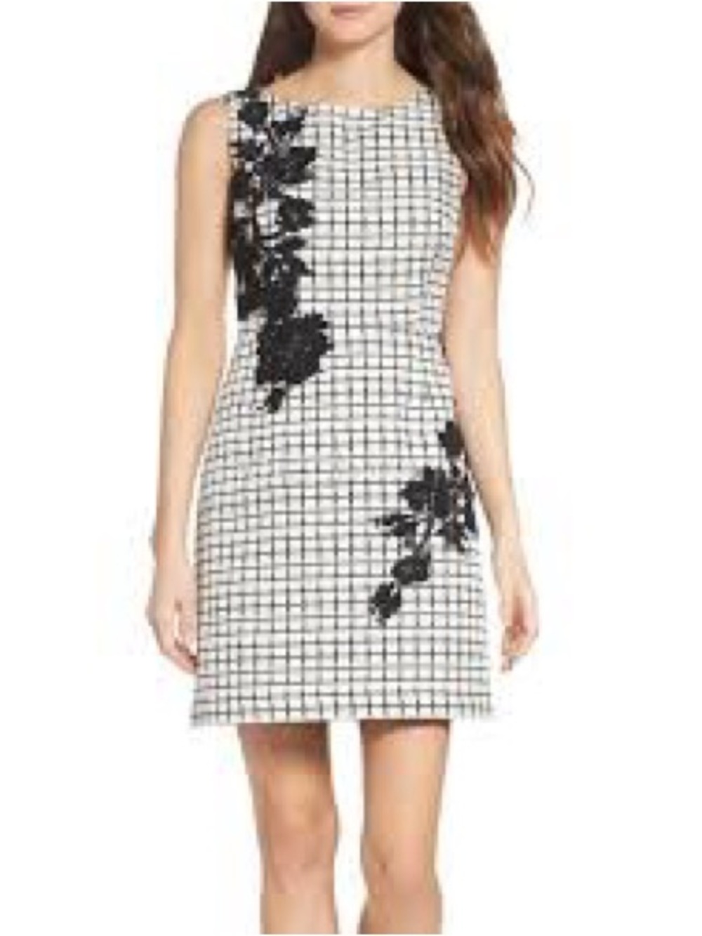 Betsey Johnson Black & White Grid Mini Dress with Floral Appliqué